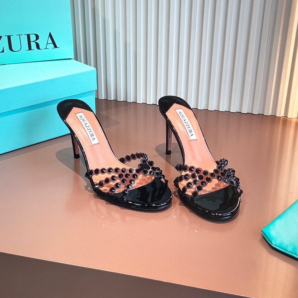 Aquazzura Black Patent Beaded Tequila Mule 75